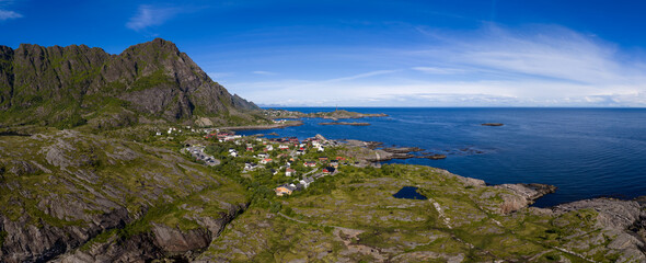 Obraz premium Lofoten Islands Panoramic View Arctic Norway Coastal Village Landscape