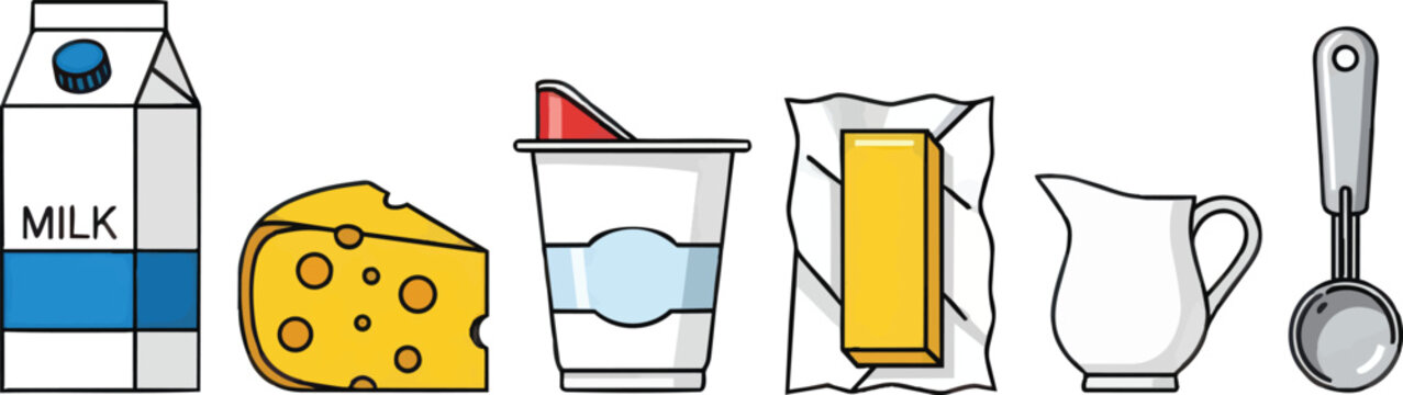 A detailed illustration set featuring various fresh dairy products like milk carton cheese block yogurt cup butter stick cream pitcher and a silver ice cream scoop transparent back