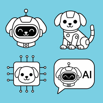 Artificial intelligence puppy dog robot graphics, AI chatbot vector illustrations 