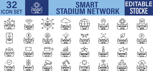 Smart Stadium Network Vector Outline Icons Set – Connected Stadium, IoT Infrastructure and Sports Technology Line Symbols Collection © MstArjuman