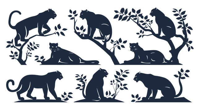 Black panther silhouette collection, 8 wild cat vector elements in jungle foliage, predatory leopard and jaguar silhouettes for logo design