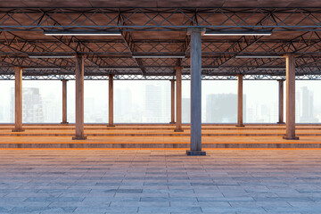 Naklejka premium Industrial open rooftop structure with wooden columns, metal trusses, and tiled floor overlooking city skyline at dawn. 3D Rendering