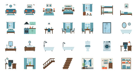 Modern Home Interior and Furniture Illustration Set in Flat Design Style © Cantik