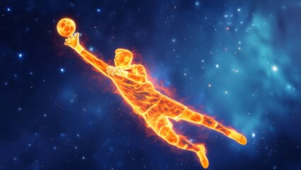 Naklejka premium Cosmic Flame Footballer Jumping in Outer Space with Fiery Energy Field