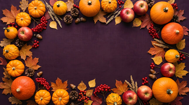 Autumnal pumpkins and apples arrangement on purple background for seasonal designs