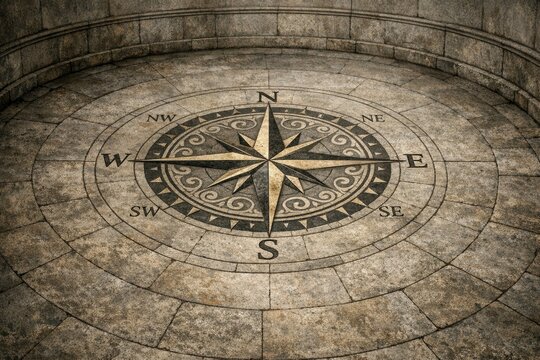 A compass on a stone floor with a wall in the background