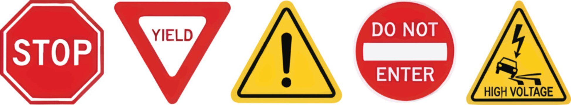 A collection of five standard safety and traffic road warning signs illustrated with vibrant colors on a clear transparent background for industrial or educational design usage