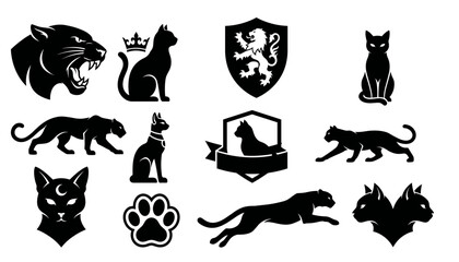 Feline Species and Wild Cat Silhouette Icon Set Featuring Roaring Panther, Domestic Cats, Royal Lion Shield, Stalking Cheetah, Paw Print, and Mystical Cat Graphics © MstMorgena