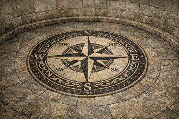 Fototapeta premium A simple black and white compass on a stone floor, great for travel or adventure themed designs