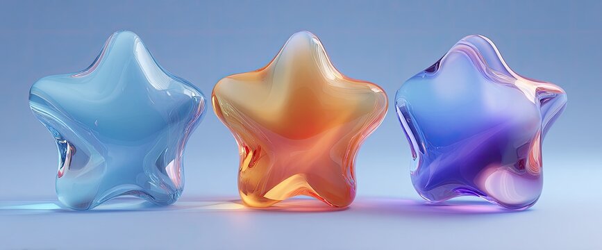 Three translucent star-shaped objects in different colors on a light blue background.