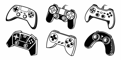 Black silhouette of 16 gaming controllers black gaming controllers silhouettes gamepad © Abu