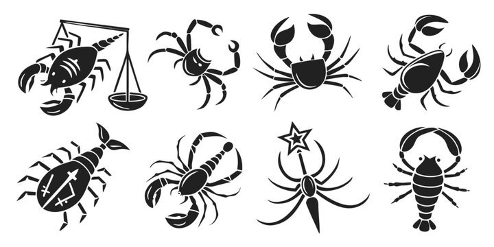 Set of 16 zodiac astrology black silhouette including aries, taurus, cancer, leo, virgo, libra