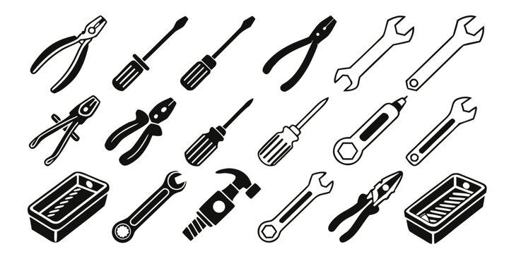 Set of sixteen mechanic tools in black silhouette wrench screwdriver pliers hammer