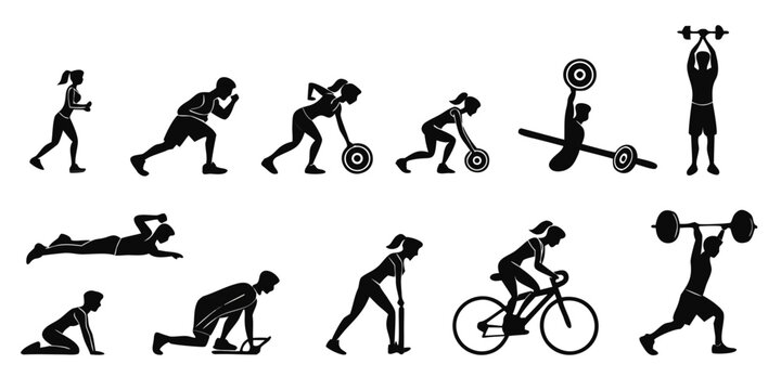 Sixteen black silhouette depicting gym exercises and fitness activities weightlifting