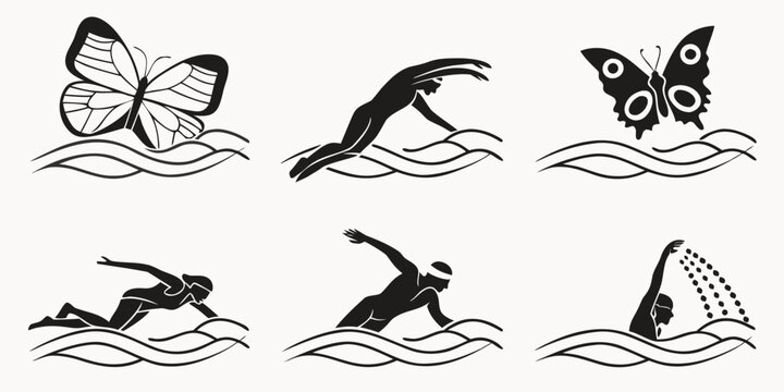 Six black silhouette of swimming strokes and water polo sport freestyle