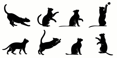 Fototapeta premium Black silhouette of 16 different cat poses in style animal feline shapes sitting cat