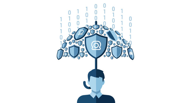Cybersecurity and Data Protection Concept: Professional Holding a Shield Umbrella Deflecting Binary Code Rain for Information Safety