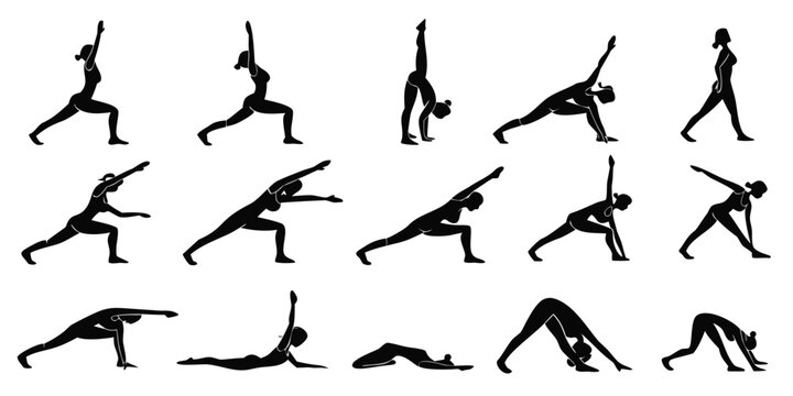Black silhouette of 12 yoga poses, standing and seated postures yoga postures standing yoga poses