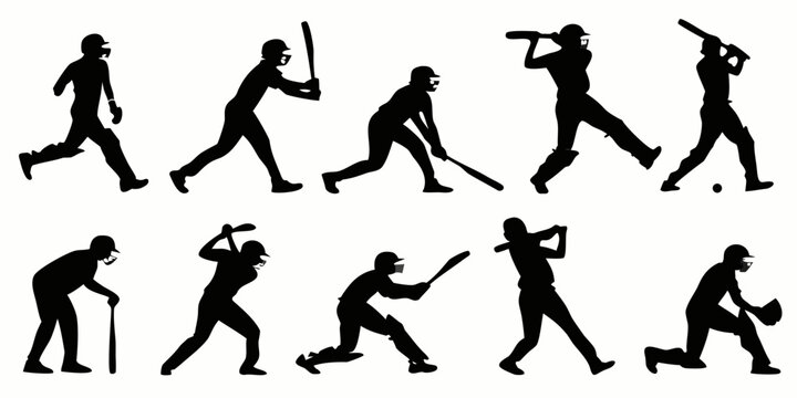 Black silhouette of 16 cricket players in action poses batsman bowler fielder cricket silhouette