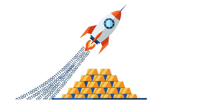 Rocket Launching from Gold Bars with Binary Code Trail - Concept of Digital Wealth, Fintech Success, and Cryptocurrency Growth