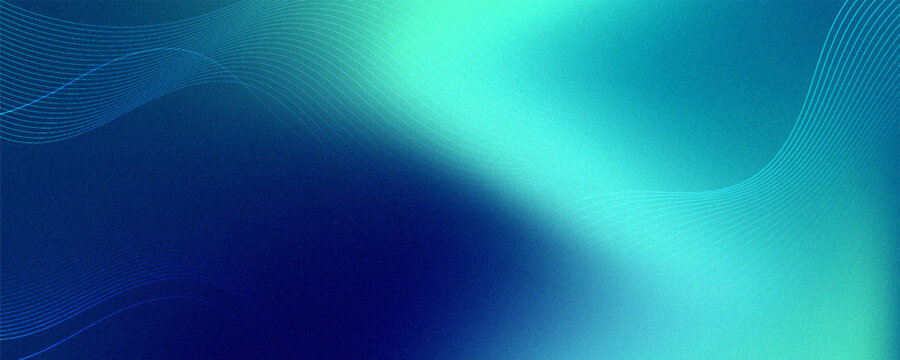 Abstract blue and green gradient background with soft flowing wave lines and grain texture.