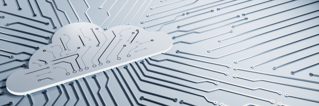 Cloud technology circuit symbol integrated into futuristic electronic pathways on a light background representing modern digital network infrastructure. 3D Rendering