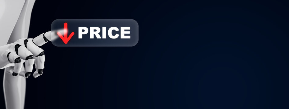 Robotic hand touching glowing price button with red arrow on dark background illustrating digital cost reduction and economic change concept. 3D Rendering