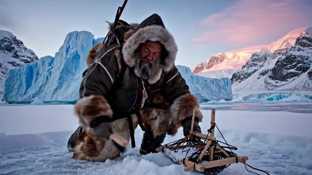 Man in fur parka kneeling on ice with wooden sled and glacier backdrop