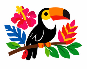 Obraz premium Colorful toucan bird perched on a branch surrounded by tropical hibiscus flowers and exotic leaves. Exotic wildlife and jungle nature concept with vibrant flat cartoon style.