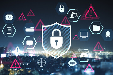 Cybersecurity shield with lock symbol surrounded by digital warning icons and tech elements over...