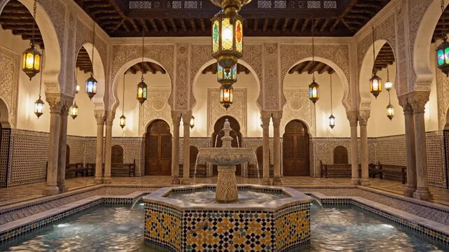 Traditional Moroccan riad courtyard at night featuring a central marble fountain and pool with zellij mosaic tilework, hanging brass lanterns, and intricate carved plaster arches.