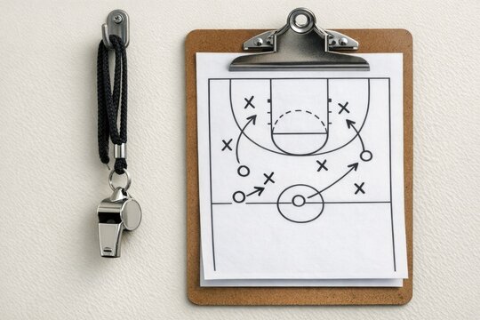 Basketball game scene on a clipboard with players in action, scoreboard and court visible