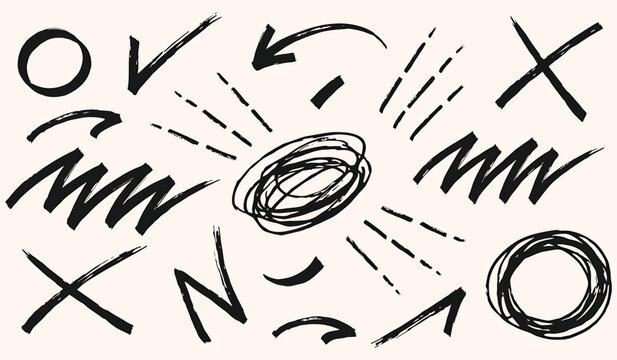 Hand drawn ink scribbles circles and cross marks for expressive bullet points and creative annotation design