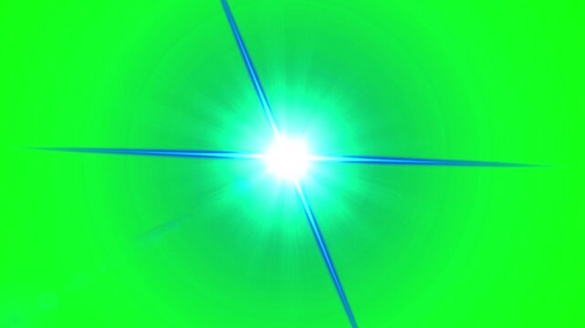 Starburst effect glows with vibrant blue rays against a solid green screen background for easy chroma key compositing.