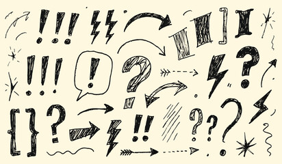 Hand drawn set of punctuation marks and symbols including exclamation points and question marks in sketchy doodle style for creative emphasis on light background © RANGER BYTE