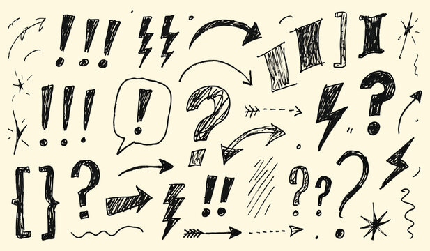 Hand drawn set of punctuation marks and symbols including exclamation points and question marks in sketchy doodle style for creative emphasis on light background