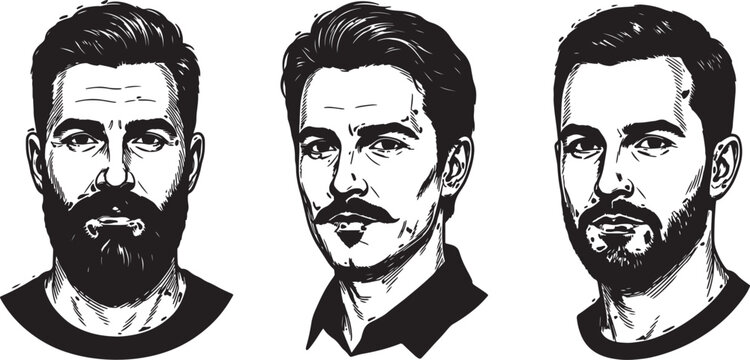 Three stylized also transparent background, black and white, portrait of a, bearded man, side, by side