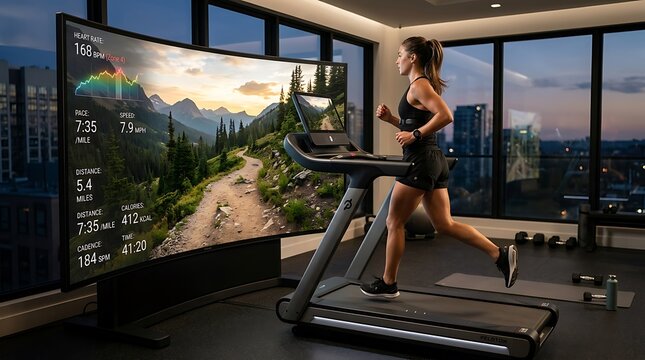 Woman running on a treadmill in a modern home gym with a large virtual screen