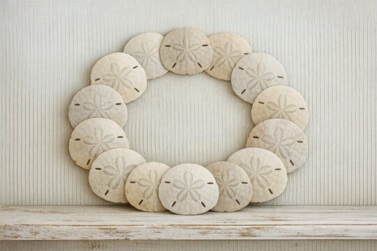 A decorative arrangement of sand dollars on a shelf