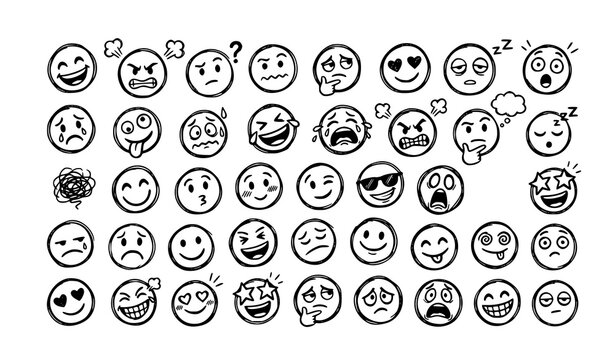 Hand drawn emoticon doodle set of 36 facial expression icons with sketch style emoji characters vector illustration