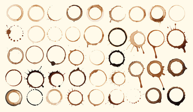 Set of coffee cup stains and tea ring marks isolated on a light background for realistic beverage textures and grunge design elements or creative cafe graphics