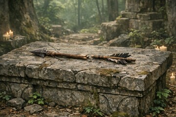 Obraz premium A single feather rests on a stone in the midst of a lush forest