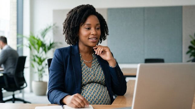 Pregnant African American business woman working on laptop at modern office desk. Professional black female executive managing remote project during pregnancy for diversity workforce concept.