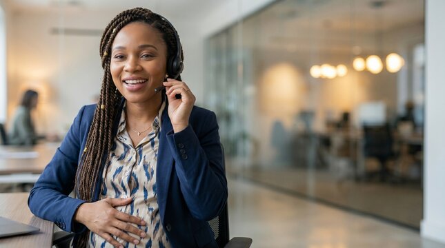 Smiling pregnant black woman with headset in call center customer support service, maternity worker in office, remote agent communication