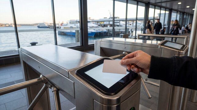 Hand taps card on ferry terminal turnstile near harbor boats showing contactless ticket access passenger boarding transport gate for maritime mobility content travel service visuals