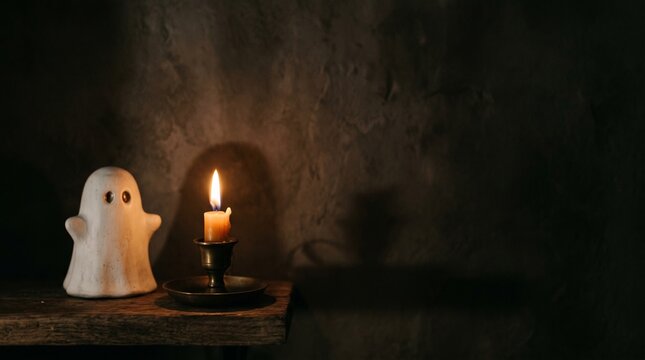 Spooky halloween ghost ceramic figurine standing next to a burning candle casting dark shadow on wall