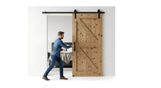 Man opening a wooden sliding barn door
