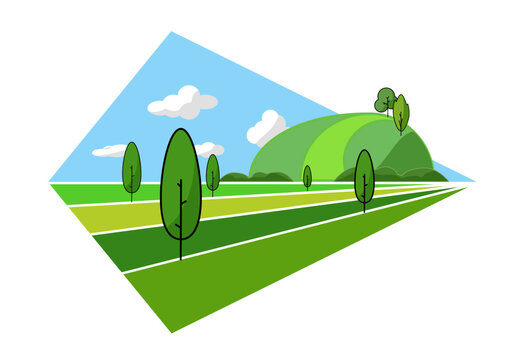 Simple vector spring landscape with cottage fields and trees