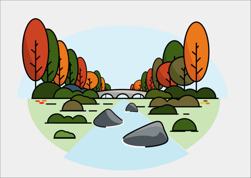 Simple vector autumn landscape with bridge and river 