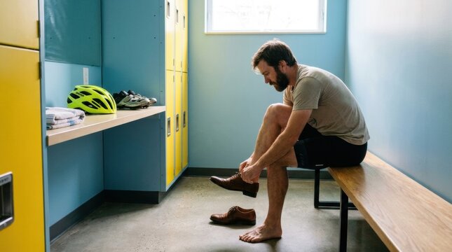 Man putting on shoes in a locker room next to a bicycle helmet for changing area and lockerroom routine background for commuting preparation